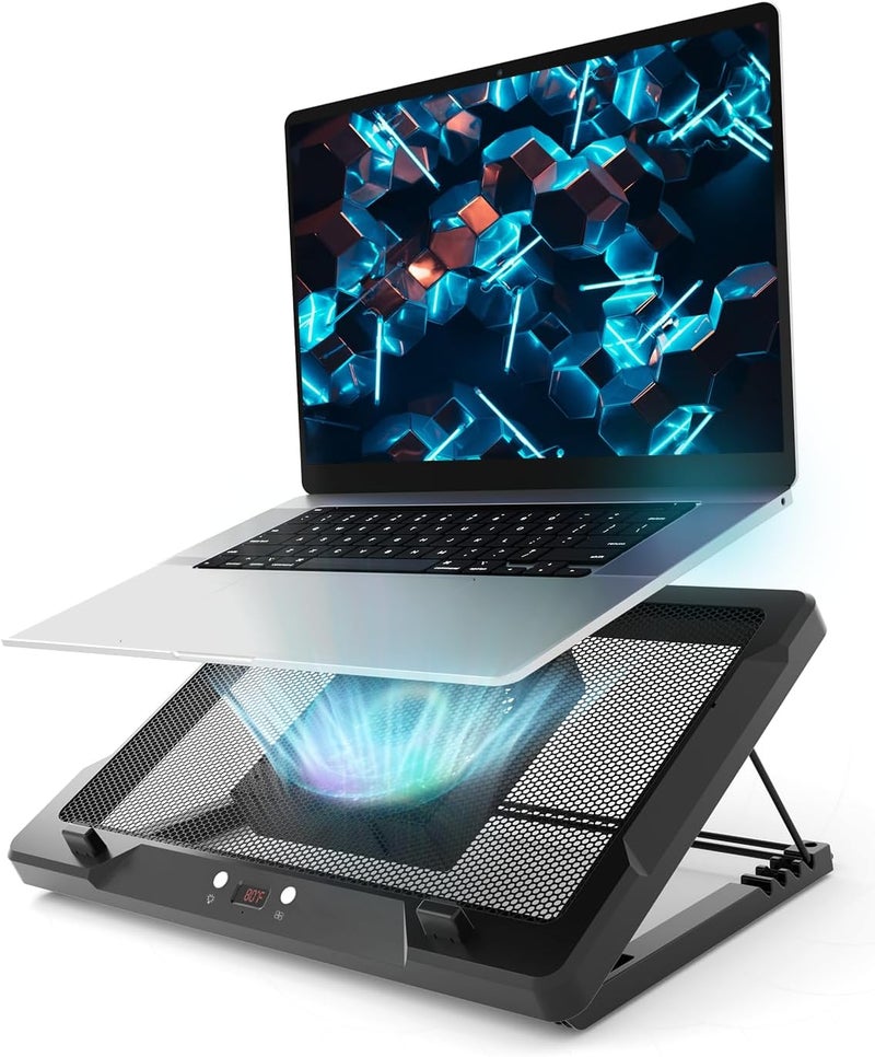 DEPGI Laptop Cooling Pad, Laptop Cooler Stand with 5.5" Movable Fan Easy to Clean, Auto Temp Sensor & 3-Speed Manual Control, Ultra Quiet ≤40dB for 14–17.3 Inch Laptops，Black - Image 1